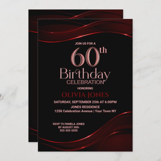 Invitation Black Red moderne 60th Birthday Party (Devant / Derrière)