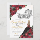 Invitation Black Red Princess Tiara Masquerade Sweet 16 (Devant)