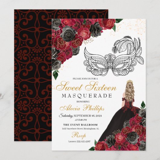 Invitation Black Red Princess Tiara Masquerade Sweet 16 (Devant / Derrière)