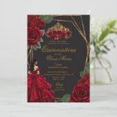 Invitation Black Red Roses Gold Princesse Quinceañera (Debout devant)