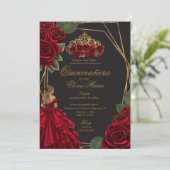 Invitation Black Red Roses Gold Princesse Quinceañera (Debout devant)
