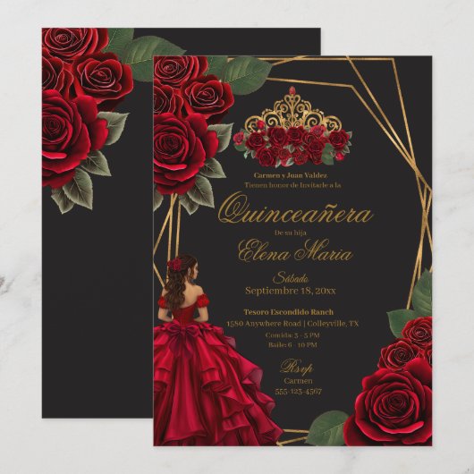 Invitation Black Red Roses Gold Princesse Quinceañera (Devant / Derrière)