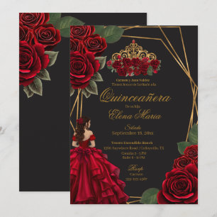 Invitation Black Red Roses Gold Princesse Quinceañera