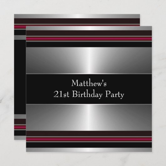 Invitation Black Red Silver Mans 21e fête d'anniversaire (Devant / Derrière)