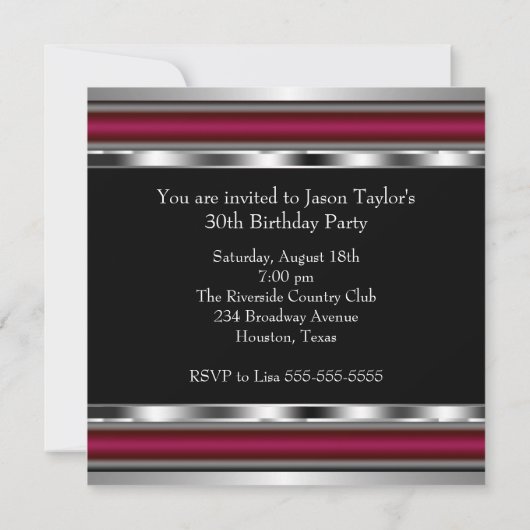 Invitation Black Red Silver Mans 30e fête d'anniversaire (Dos)