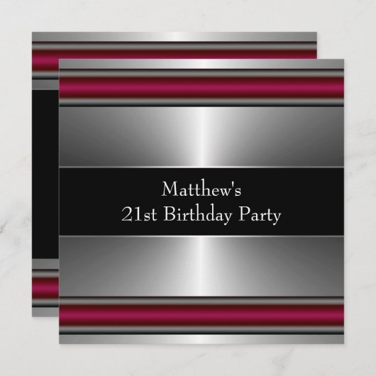 Invitation Black Red Silver Mens fête d'anniversaire (Devant / Derrière)