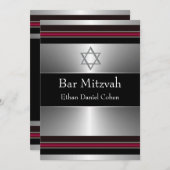 Invitation Black Red Silver Star de David Bar Mitzvah (Devant / Derrière)