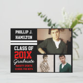 Invitation Black/Red Sporty Boys 3 Photo Graduation (Debout devant)