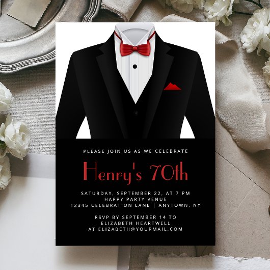 Invitation Black Red Tuxedo Mens 70th Birthday Party