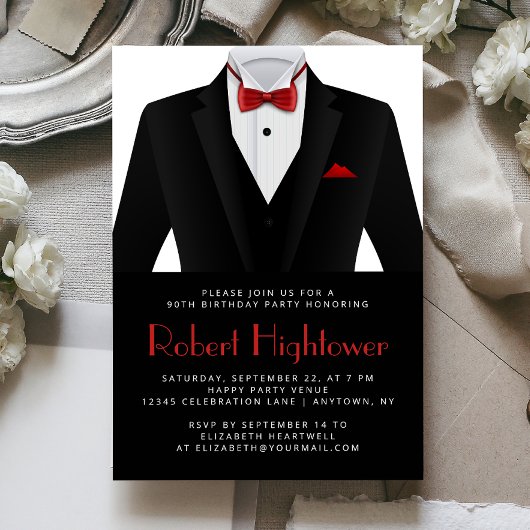 Invitation Black Red Tuxedo Mens fête d'anniversaire