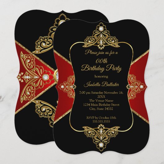 Invitation Black Red Women Anniversaire Party Gold Diamond (Devant / Derrière)