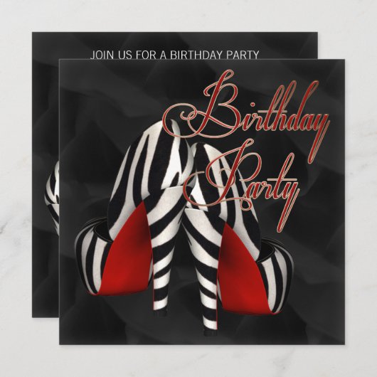 Invitation Black Red Zebra High Heel Chaussure Anniversaire (Devant / Derrière)