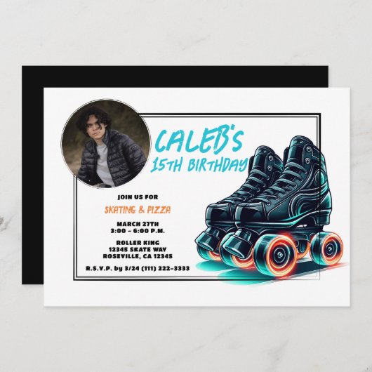 Invitation Black Rollerblades Blue Glow Wheels Anniversaire (Devant / Derrière)