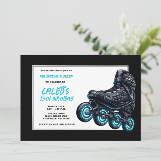 Invitation Black Rollerblades Blue Glow Wheels Anniversaire (Debout devant)