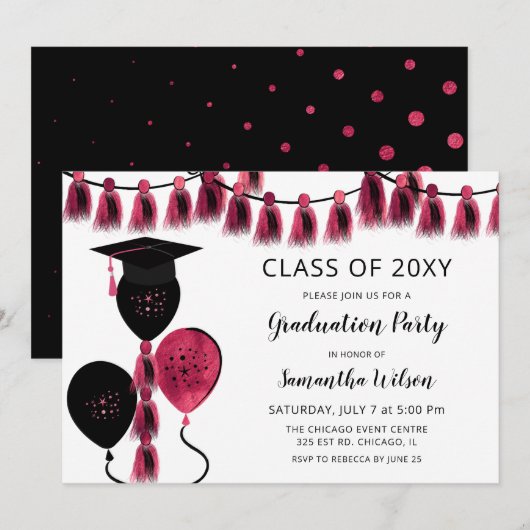 Invitation Black Rose Ballons Grad Casquette fête de graduati (Devant / Derrière)