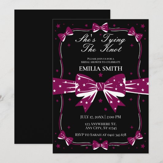 Invitation Black rose Bows She's Tying the Knot Fête des mari (Devant / Derrière)