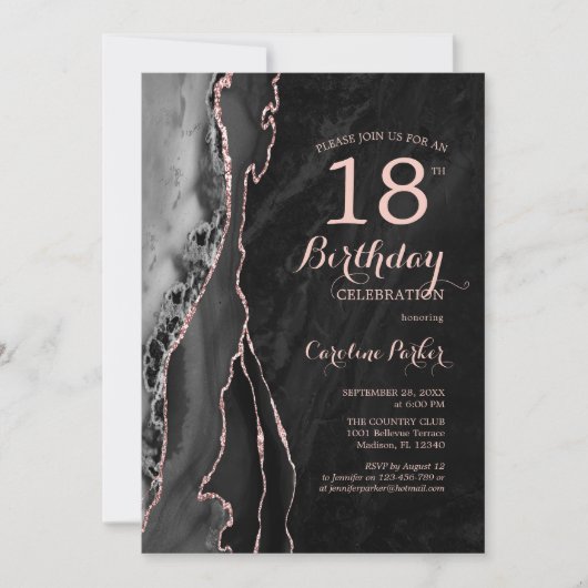 Invitation Black Rose Gold Agate 18e anniversaire (Devant)