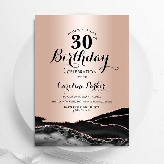 Invitation Black Rose Gold Agate 30e anniversaire
