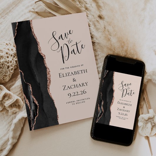 Invitation Black Rose Gold Agate Blush Enregistrer la date