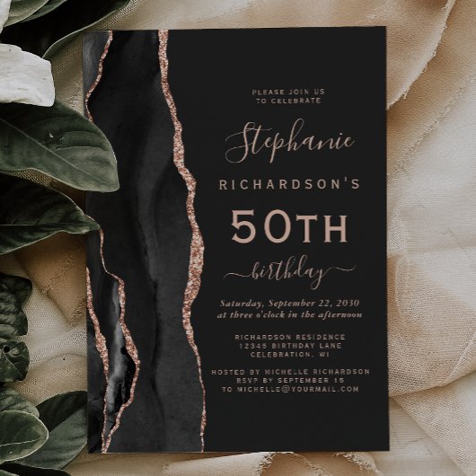 Invitation Black Rose Gold Agate Dark 50th Birthday Party