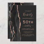 Invitation Black Rose Gold Agate Dark 50th Birthday Party<br><div class="desc">Le bord gauche de cette élégante invitation à la fête d'anniversaire moderne comporte une bordure en aquarelle noire ornée d'une parties scintillant en or rose. Le texte personnalisable combine écriture rose rose, cuivre et polices italiques sur un arrière - plan noir ardoise. L'envers présente un design d'agate d'or noir et...</div>