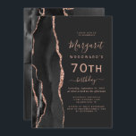 Invitation Black Rose Gold Agate Dark 70th Birthday Party<br><div class="desc">Le bord gauche de cette élégante invitation à la fête d'anniversaire moderne comporte une bordure en aquarelle noire ornée d'une parties scintillant en or rose. Le texte personnalisable combine écriture rose rose, cuivre et polices italiques sur un arrière - plan noir ardoise. L'envers présente un design d'agate d'or noir et...</div>