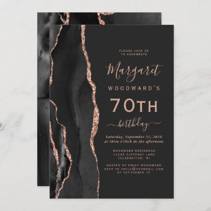 Invitation Black Rose Gold Agate Dark 70th Birthday Party
