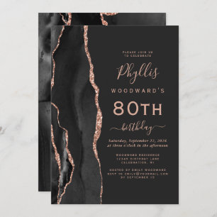 Invitation Black Rose Gold Agate Dark 80th Birthday Party