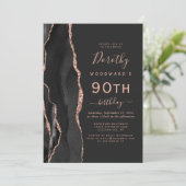 Invitation Black Rose Gold Agate Dark 90e fête d'anniversaire (Debout devant)