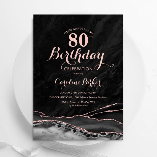 Invitation Black Rose Gold Agate Marbre 80e anniversaire