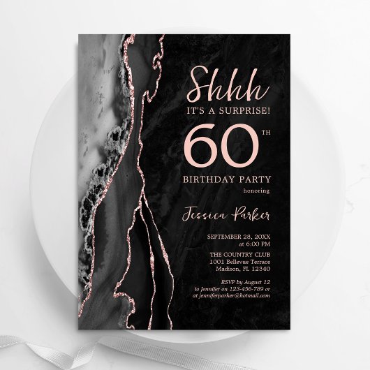 Invitation Black Rose Gold Agate Surprise 60e anniversaire