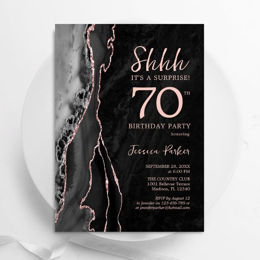 Invitation Black Rose Gold Agate Surprise 70e anniversaire