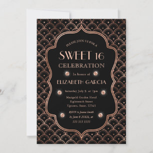 Invitation Black & Rose Gold Art Déco Cadre Vintage Sweet 16