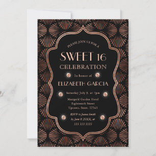 Invitation Black & Rose Gold Art Déco Cadre Vintage Sweet 16
