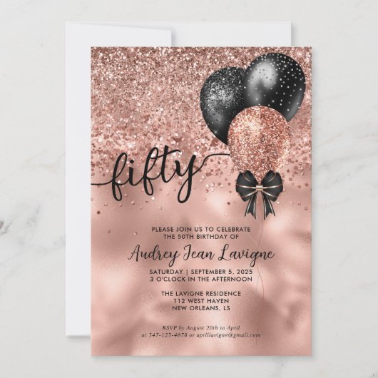 Invitation Black Rose Gold Bloon Bow Parties scintillant 50e (Devant)