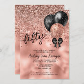 Invitation Black Rose Gold Bloon Bow Parties scintillant 50e (Devant / Derrière)