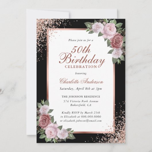 Invitation Black Rose Gold Blush Floral 50e anniversaire (Devant)