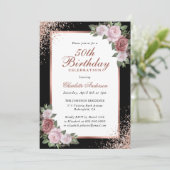 Invitation Black Rose Gold Blush Floral 50e anniversaire (Debout devant)