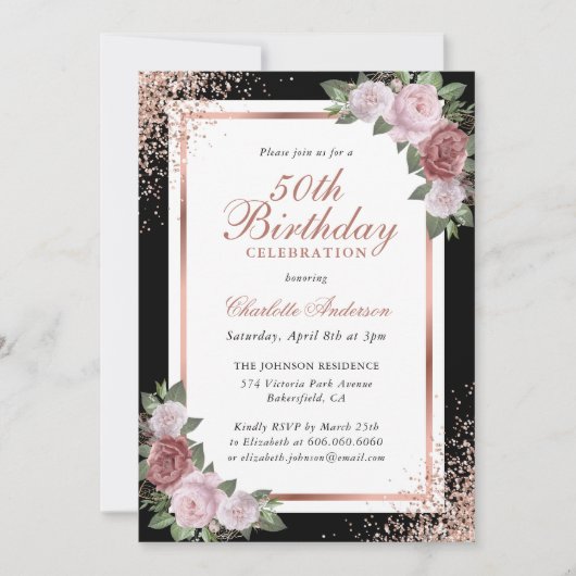 Invitation Black Rose Gold Blush rose Floral 50e anniversaire (Devant)