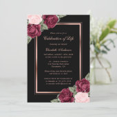 Invitation Black Rose Gold Floral Célébration de la vie Photo (Debout devant)