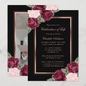 Invitation Black Rose Gold Floral Célébration de la vie Photo (Devant / Derrière)