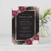 Invitation Black Rose Gold Floral Photo Célébration de la vie (Debout devant)