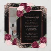 Invitation Black Rose Gold Floral Photo Célébration de la vie (Devant / Derrière)