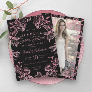Invitation Black Rose Gold Floral Photo SURPRISE Sweet 16