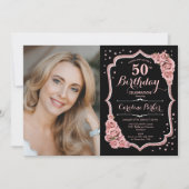 Invitation Black Rose Gold Photo 50th Birthday (Devant)