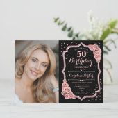 Invitation Black Rose Gold Photo 50th Birthday (Debout devant)