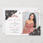 Invitation Black & Rose Gold Quinceañera Enregistrer la date  (Devant)