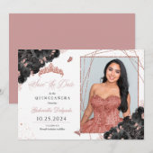 Invitation Black & Rose Gold Quinceañera Enregistrer la date  (Devant / Derrière)