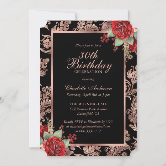 Invitation Black Rose Gold Red Floral 30e anniversaire (Devant)