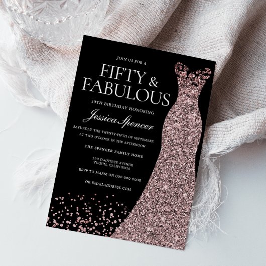 Invitation Black Rose Gold robe femmes 50e fête d'anniversair